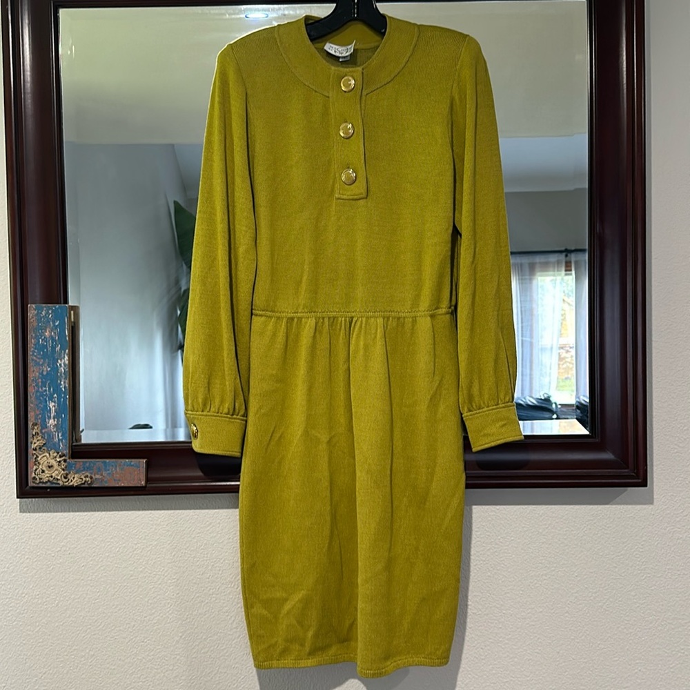 St. John Olive Green Long Sleeve Knit Dress with Button Details